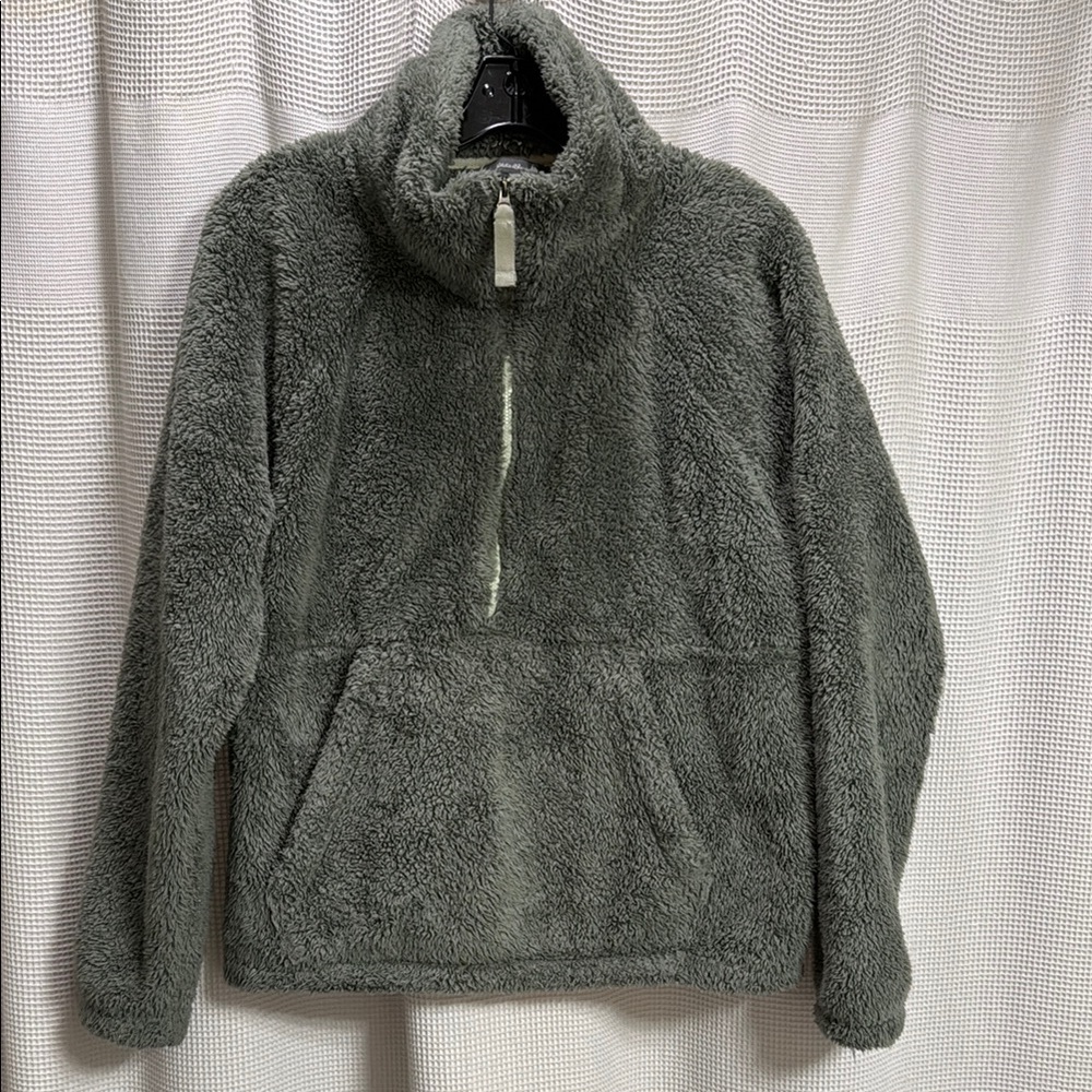 Eddie Bauer Sage Green Fleece Pullover SZ L‎ 1/4 zip kangaroo pocket cozy crop